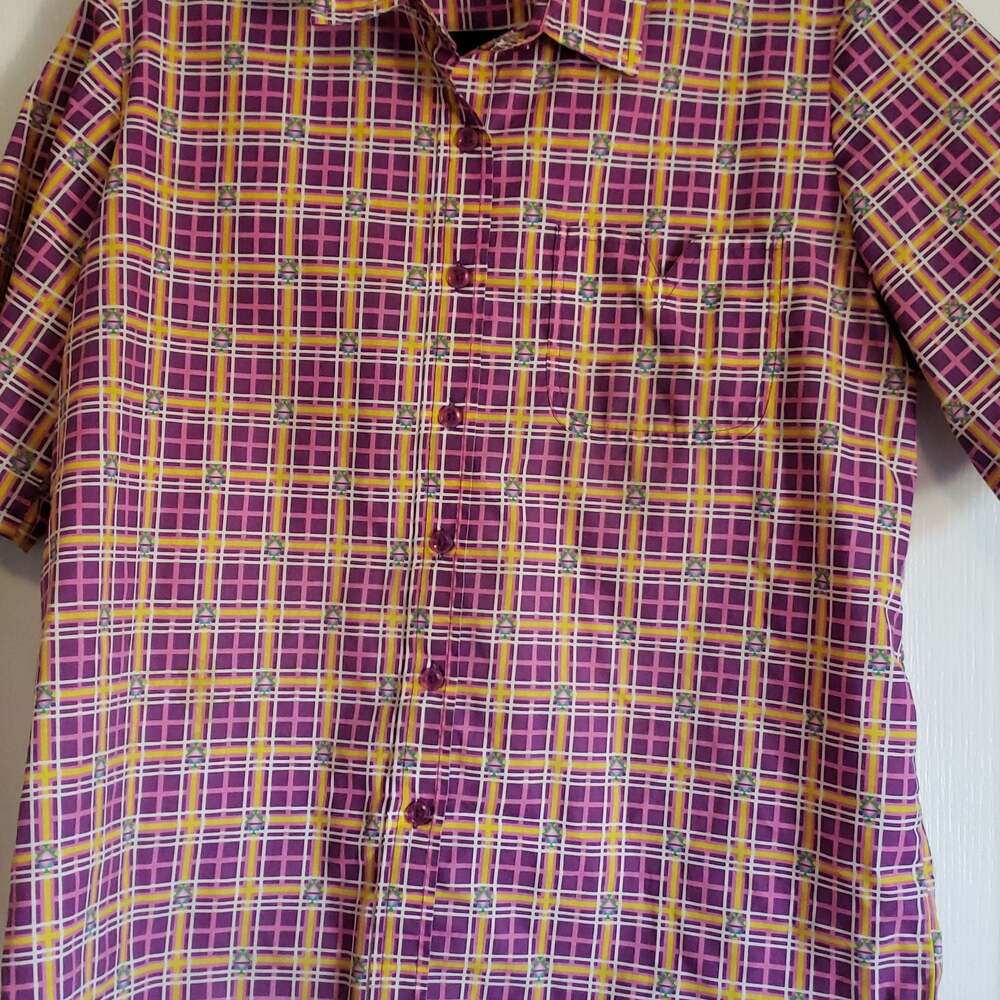 Adrian Delafield Short Sleeve Button Down blouse‎ Plaid Print Size Large